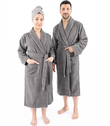 Hammetex Bademantel 100% Baumwolle Unisex für Damen und Herren, Hochwertig 400 g/m² Qualitat Weich Saugfähig Frottee Bademantel für Paare mit Taschen, Grau von Hammetex