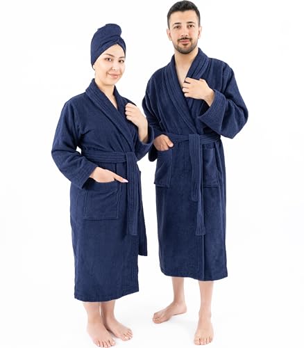 Hammetex Bademantel 100% Baumwolle Unisex für Damen und Herren, Hochwertig 400 g/m² Qualitat Weich Saugfähig Frottee Bademantel für Paare mit Taschen, Marine Blau von Hammetex