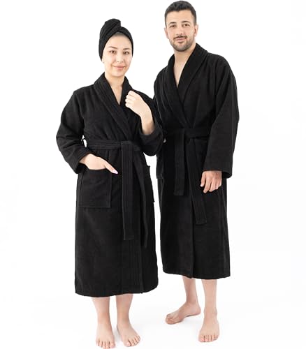 Hammetex Bademantel 100% Baumwolle Unisex für Damen und Herren, Hochwertig 400 g/m² Qualitat Weich Saugfähig Frottee Bademantel für Paare mit Taschen, Schwarz von Hammetex
