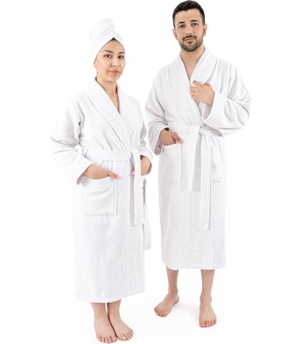 Hammetex Bademantel 100% Baumwolle Unisex für Damen und Herren, Hochwertig 400 g/m² Qualitat Weich Saugfähig Frottee Bademantel für Paare mit Taschen, Weiß von Hammetex