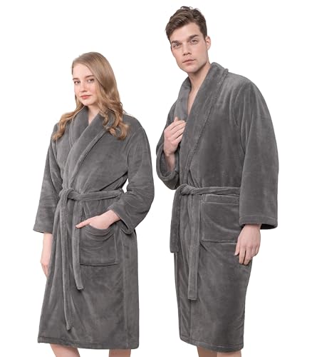 Hammetex Bademantel Unisex für Damen und Herren, Ultraweicher Qualitat Flausching Kuschelig Plüsch Lange Leichter Morgenmantel für Paare mit Taschen, Grau von Hammetex