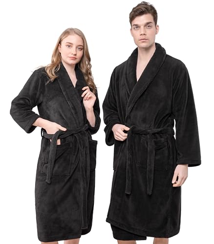 Hammetex Bademantel Unisex für Damen und Herren, Ultraweicher Qualitat Flausching Kuschelig Plüsch Lange Leichter Morgenmantel für Paare mit Taschen, Schwarz von Hammetex
