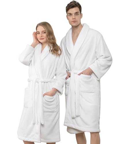 Hammetex Bademantel Unisex für Damen und Herren, Ultraweicher Qualitat Flausching Kuschelig Plüsch Lange Leichter Morgenmantel für Paare mit Taschen, Weiß von Hammetex