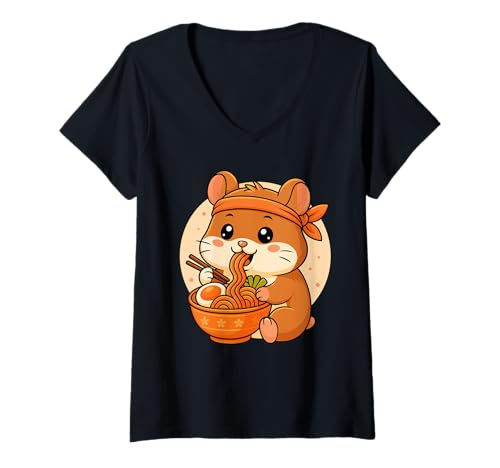 Damen Kawaii Hamster Essen Ramen Grafik Japanischer Hamster Grafik T-Shirt mit V-Ausschnitt Damen Kawaii Hamster Essen Ramen Grafik Japanischer Hamster Grafik T-Shirt mit V-Ausschnitt von Hamster Eating Ramen Funny Japanese Kawaii Design