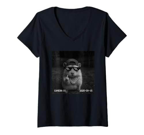 Damen Funny Hamster Flipping Off Middle Finger On Security Camera T-Shirt mit V-Ausschnitt Damen Funny Hamster Flipping Off Middle Finger On Security Camera T-Shirt mit V-Ausschnitt von Hamster Flipping Off Middle Finger Security Camera