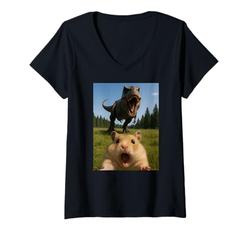 Damen Lustiger Hamster Tierliebhaber Dinosaurier Trex Selfie Jungen Mädchen T-Shirt mit V-Ausschnitt von HamsterAxis1