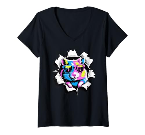 Damen Gerissener Papiereffekt Hamster Sonnenbrille T-Shirt mit V-Ausschnitt Damen Gerissener Papiereffekt Hamster Sonnenbrille T-Shirt mit V-Ausschnitt von Hamsters Hamster Lover Gifts