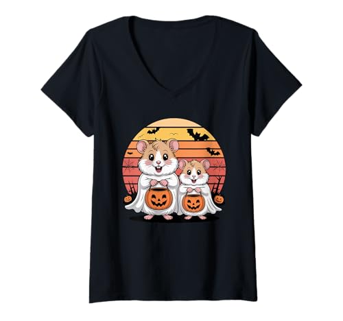Damen Halloween Hamster Geist T-Shirt mit V-Ausschnitt Damen Halloween Hamster Geist T-Shirt mit V-Ausschnitt von Hamsters Hamster Lover Gifts