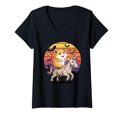 Damen Halloween Mumie Einhorn Hamster T-Shirt mit V-Ausschnitt Damen Halloween Mumie Einhorn Hamster T-Shirt mit V-Ausschnitt von Hamsters Hamster Lover Gifts