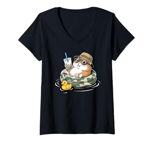 Damen Hamster Boba Perle Milchtee T-Shirt mit V-Ausschnitt Damen Hamster Boba Perle Milchtee T-Shirt mit V-Ausschnitt von Hamsters Hamster Lover Gifts