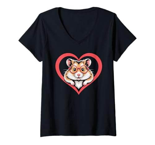 Damen Herz Hamster Brille T-Shirt mit V-Ausschnitt Damen Herz Hamster Brille T-Shirt mit V-Ausschnitt von Hamsters Hamster Lover Gifts
