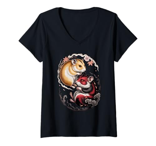 Damen Japanische Kunst Hamster Gut Und Teufel T-Shirt mit V-Ausschnitt Damen Japanische Kunst Hamster Gut Und Teufel T-Shirt mit V-Ausschnitt von Hamsters Hamster Lover Gifts