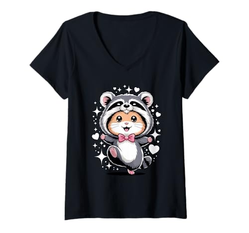 Damen Kawaii Hamster Waschbär Kostüm T-Shirt mit V-Ausschnitt Damen Kawaii Hamster Waschbär Kostüm T-Shirt mit V-Ausschnitt von Hamsters Hamster Lover Gifts