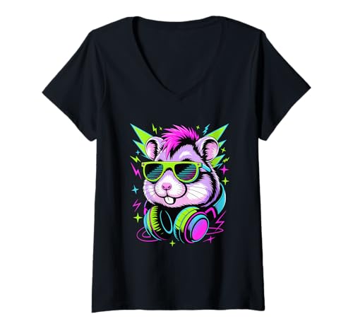 Damen Punk Ära Stil Hamster Sonnenbrille T-Shirt mit V-Ausschnitt Damen Punk Ära Stil Hamster Sonnenbrille T-Shirt mit V-Ausschnitt von Hamsters Hamster Lover Gifts