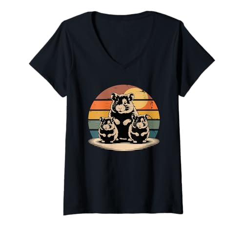 Damen Retro Sonnenuntergang Hamster Silhouette T-Shirt mit V-Ausschnitt Damen Retro Sonnenuntergang Hamster Silhouette T-Shirt mit V-Ausschnitt von Hamsters Hamster Lover Gifts