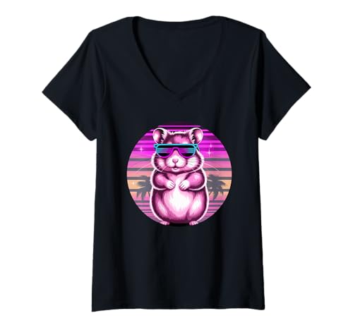Damen Retro Synthwave Hamster Sonnenbrille T-Shirt mit V-Ausschnitt Damen Retro Synthwave Hamster Sonnenbrille T-Shirt mit V-Ausschnitt von Hamsters Hamster Lover Gifts
