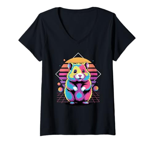 Damen Retro Synthwave Hamster T-Shirt mit V-Ausschnitt Damen Retro Synthwave Hamster T-Shirt mit V-Ausschnitt von Hamsters Hamster Lover Gifts
