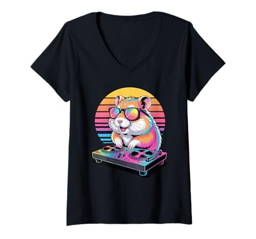 Damen Synthwave Hamster DJ Sonnenbrille T-Shirt mit V-Ausschnitt Damen Synthwave Hamster DJ Sonnenbrille T-Shirt mit V-Ausschnitt von Hamsters Hamster Lover Gifts