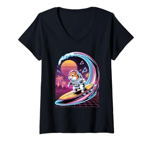 Damen Synthwave Surfer Hamster Astronaut T-Shirt mit V-Ausschnitt Damen Synthwave Surfer Hamster Astronaut T-Shirt mit V-Ausschnitt von Hamsters Hamster Lover Gifts