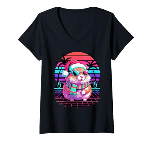 Damen Weihnachten Synthwave Hamster Sonnenbrille T-Shirt mit V-Ausschnitt Damen Weihnachten Synthwave Hamster Sonnenbrille T-Shirt mit V-Ausschnitt von Hamsters Hamster Lover Gifts