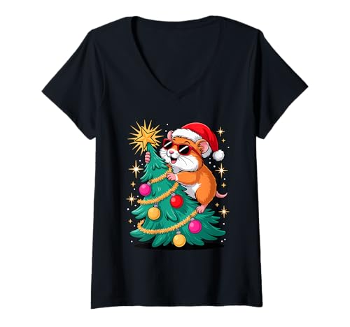 Damen Weihnachtsbaum Hamster Sonnenbrille T-Shirt mit V-Ausschnitt Damen Weihnachtsbaum Hamster Sonnenbrille T-Shirt mit V-Ausschnitt von Hamsters Hamster Lover Gifts