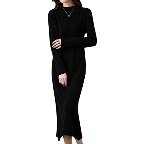 Damen Kleider Solide Wolle Strick O-Ausschnitt Langes Kleid Damen Winter Herbst Standard Wollkleid, Schwarz , XX-Large von Hamthuit
