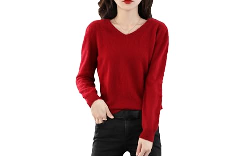Damen Nerz-Kaschmir-Pullover Damen V-Ausschnitt Pullover Casual Stricken Basic Sweater, dunkelrot, S von Hamthuit