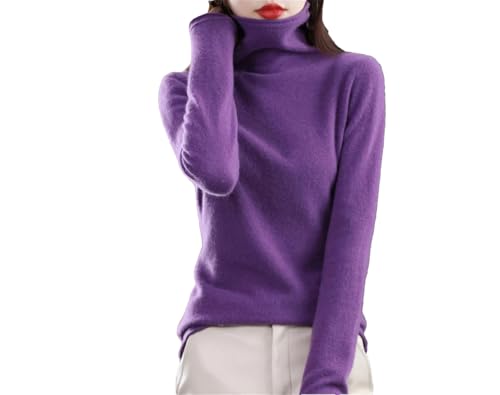 Damen-Rollkragenpullover aus Wolle, lässiger Strickpullover, lockerer Strickpullover, violett, S von Hamthuit