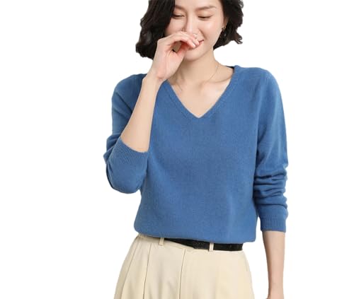 Frauen Kaschmir Damen Pullover V-Ausschnitt Damen Solid Pullover Strickpullover Langarm Kaschmir Sweater, Haze Blue, XL von Hamthuit