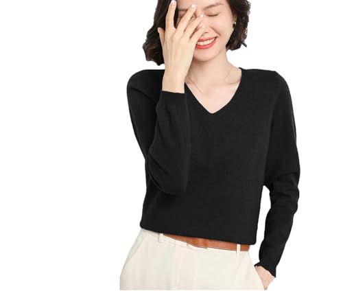 Frauen Kaschmir Damen Pullover V-Ausschnitt Damen Solid Pullover Strickpullover Langarm Kaschmir Sweater, Schwarz , XXL von Hamthuit