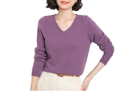 Frauen Kaschmir Damen Pullover V-Ausschnitt Damen Solid Pullover Strickpullover Langarm Kaschmir Sweater, violett, L von Hamthuit