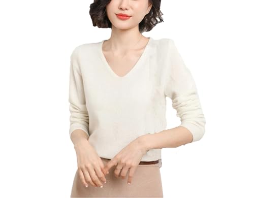 Frauen Kaschmir Damen Pullover V-Ausschnitt Damen Solid Pullover Strickpullover Langarm Kaschmir Sweater, weiß, XL von Hamthuit