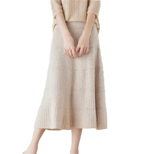 Halblanger Herbst/Winter-Mittellanger Swing-Rock Aus Wolle Mit Hoher Taille Und Kaschmir-A-Linie-Strick-Regenschirmrock Für Damen Beige M von Hamthuit