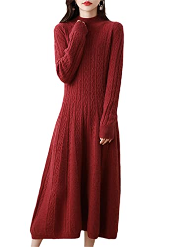 Hamthuit Damen Kleider Kaschmir Pullover Strick Langes Kleid Wolle Damen Rollkragen Büro Rock Herbst Winter, rot, L von Hamthuit