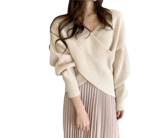 Hamthuit Frauen Gekreuzte V-Ausschnitt Pullover Lose Stricken Pullover Pullover Bluse Langarm Gestrickte Pullover Für Frauen Apricot One Size von Hamthuit