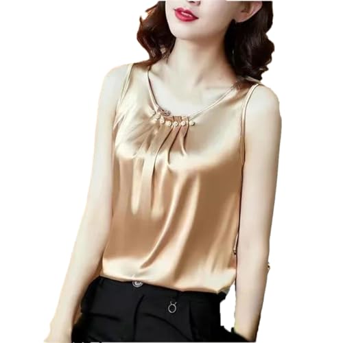 Hamthuit Seiden-Damen-Top, Satin-Blusen für Damen, Perlenstickerei, Seidenbluse, Top, Damen, ärmellose Hemden, Tops, Damen-Satin-Shirts, champagnerfarben, XXXXL von Hamthuit