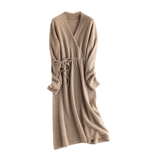 Langes Kleid Aus Kaschmir Mit V-Ausschnitt Und Kragen Auf Der Brust. Damenkleid Mit Kordelzug Über Dem Knie von Hamthuit