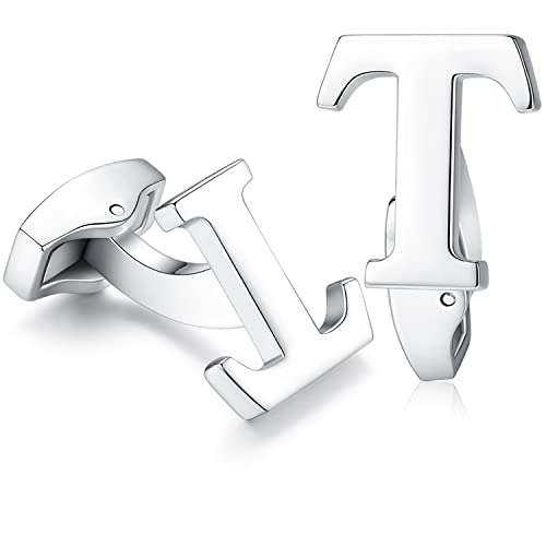 Hanana 1 Paar Herren Edelstahl Manschettenknöpfe Hochzeit Cufflinks Manschettenknopf Silber Buchstabe (T) von HONEY BEAR