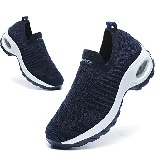 Hanani Wanderschuhe für Damen Slip-On Atmungsaktive Mesh Sneakers Leichte Laufschuhe Trainingsschuhe Dicke Unterseite Luftpolster Keilschuhe, dunkelblau, 42 EU von Hanani