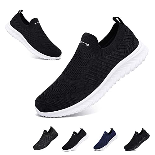 Slip On Sneakers Herren Damen Nurse Schuhe Walkingschuhe Outdoor Turnschuhe Sportschuhe Gym Bequem Leichte Schuhe Atmungsaktiv Freizeitschuhe Memory Foam Fitness Sporthalle Schwarz Weiß EU42 von Hanani