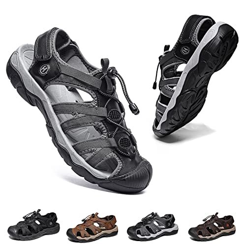 Herren Wandern Sandalen Sport Outdoor Leder Trekkingsandalen Wanderschuhe Verstellbaren Geschlossene Zehe Outdoorschuhe Sommer Männer Strand Freizeitschuhe Wasser Atmungsaktive Fischer Grau EU44 von Hanani