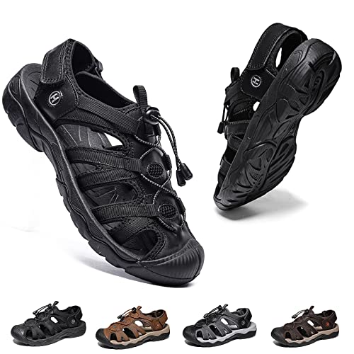 Herren Wandern Sandalen Sport Outdoor Leder Trekkingsandalen Wanderschuhe Verstellbaren Geschlossene Zehe Outdoorschuhe Sommer Männer Strand Freizeitschuhe Wasser Fischer Atmungsaktive Schwarz EU42 von Hanani