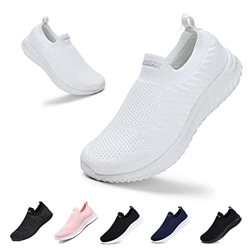 Slip On Sneakers Herren Damen Nurse Schuhe Walkingschuhe Outdoor Turnschuhe Sportschuhe Gym Bequem Leichte Schuhe Atmungsaktiv Freizeitschuhe Memory Foam Fitness Sporthalle Weiß EU41 von Hanani