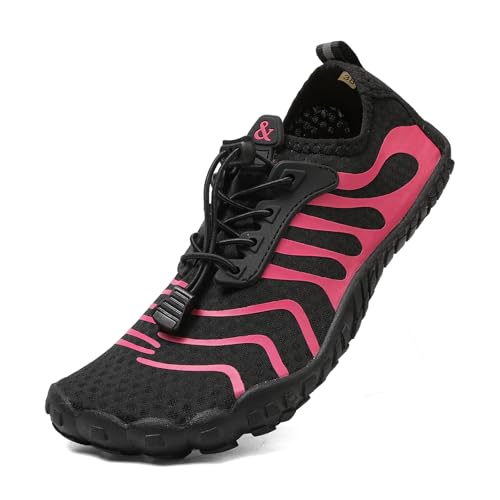 Wasserschuhe Badeschuhe Damen Herren Strandschuhe Schnell Trocknend Drainagelöcher Strand Schwimmschuhe Meeresschuh Surfschuhe Poolschuhe Unisex Barfußschuhe für Kajakfahren Schwarz Rosen Rot EU39 von Hanani