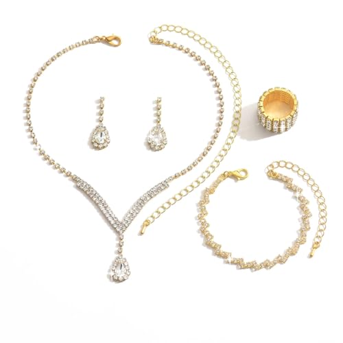 Hananoops Schmuckset für Damen Elegante Frauen Strasssteine Schmuck Set Braut Hochzeits Anhänger Halskette Armband Ohrringe Ringe Set Glitzer Schmuck Geschenk für Mutter Frau Freundin (Gold) von Hanaoops