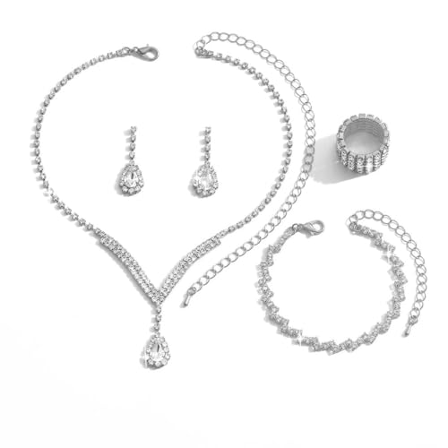 Hananoops Schmuckset für Damen Elegante Frauen Strasssteine Schmuck Set Braut Hochzeits Anhänger Halskette Armband Ohrringe Ringe Set Glitzer Schmuck Geschenk für Mutter Frau Freundin (Silber) von Hanaoops