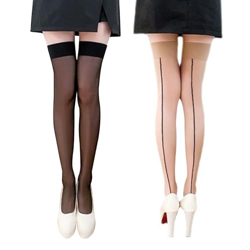 Hanaoops 2 Paar Halterlose Strümpfe Damen Oberschenkelhohe Socken mit Rückennaht Einfarbig Top Hohe Seidenstrümpfe (DE/NL/SE/PL, Alphanumerisch, Einheitsgröße, Regular, Regular, 2, Multiple colors) von Hanaoops