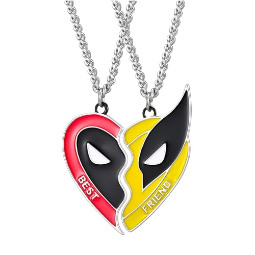 Hanaoops 2 Stück Halskette Damen Freundschaftskette Klassisches Dead-Pool Wolverine Best Friends Halskette mit Halbem Anhänger Modeschmuck Bff Ketten Geschenk für Beste Freunde (Rot&Gelb) von Hanaoops