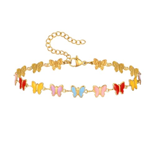 Hanaoops Armband Damen 14K Vergoldet Armbänder Edelstahl Wasserfestes Verstellbare Stapelbare Armband Herz Armbänder Schmetterlingsarmbänder Blumen Armkette (Schmetterlingsarmband, Einheitsgrösse) von Hanaoops