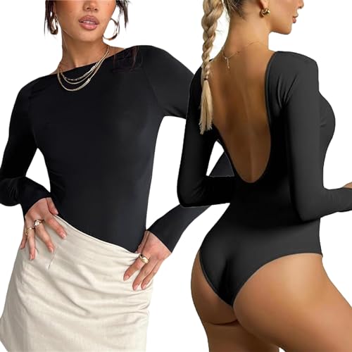 Hanaoops Body Damen Elegant Rundhalsausschnitt Langarm Tops Bodysuits Sexy Rückenfrei Blickdicht Gerippte Bodys Schmal Stretch Damenbody Langarmbody von Hanaoops